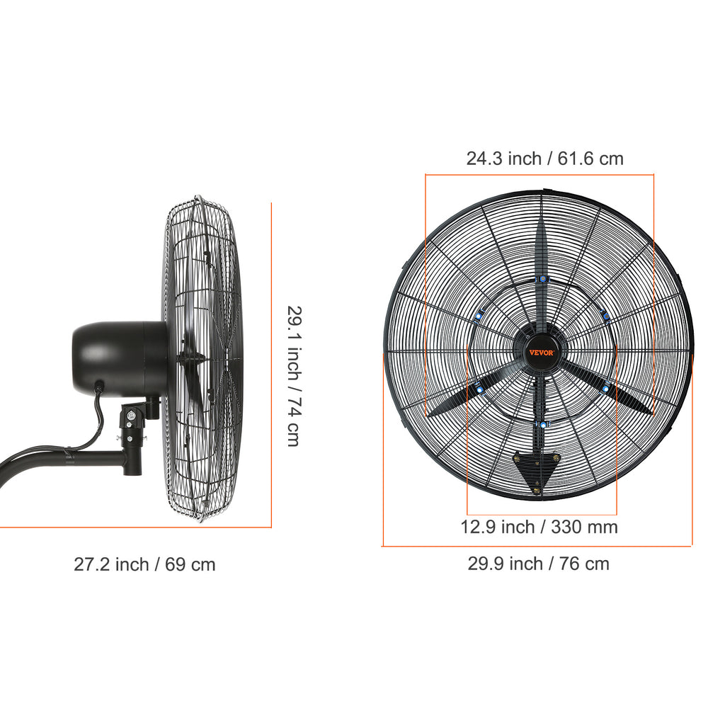 VEVOR Wall-Mount Misting Fan, 24"/30", 3-Speed High Velocity Max 7000 CFM / 9500 CFM, Waterproof Oscillating Industrial Wall Fan, Commercial/Residential for Warehouse, Greenhouse, Workshop, Black, ETL Listed