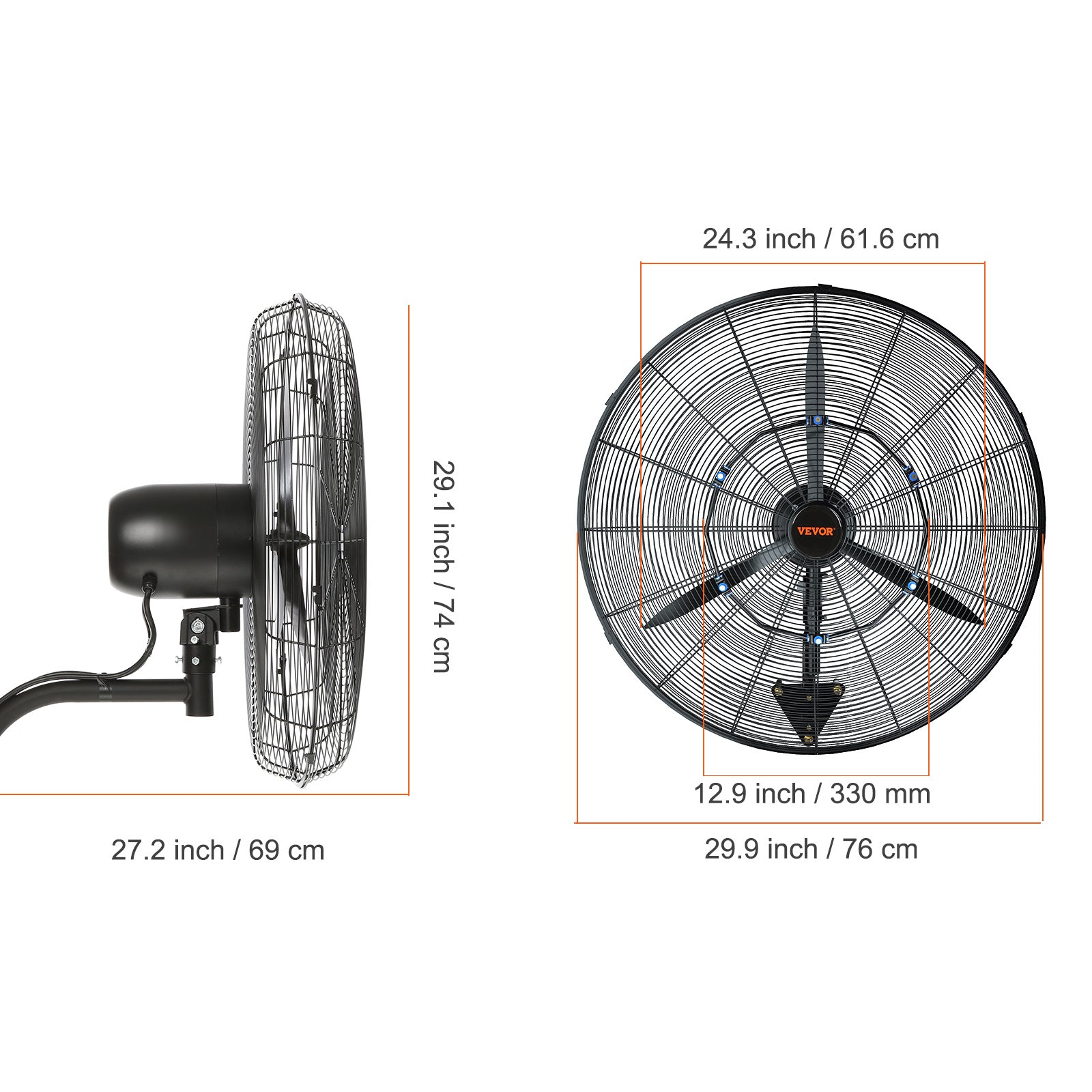 VEVOR Wall-Mount Misting Fan, 24"/30", 3-Speed High Velocity Max 7000 CFM / 9500 CFM, Waterproof Oscillating Industrial Wall Fan, Commercial/Residential for Warehouse, Greenhouse, Workshop, Black, ETL Listed