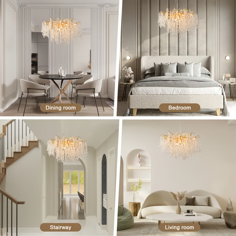 1 piece modern branch-shaped round crystal chandelier, gold handcrafted aluminum branch design, semi-flush mount installation, compatible with G9 bulbs (bulbs not included), suitable for dining room, living room, bedroom, villa