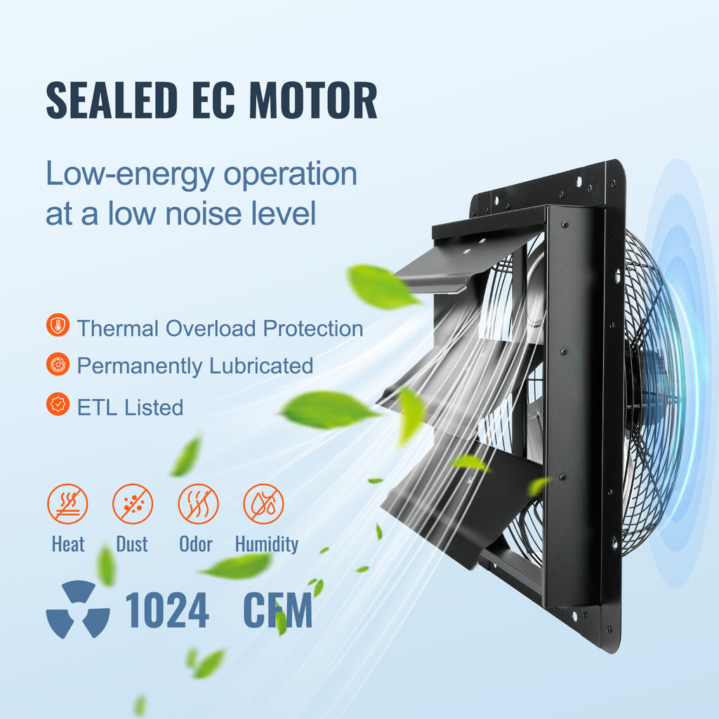 VEVOR Shutter Exhaust Fan, 12''/14''/16'' with Temperature and Humidity Controller, EC Motor, 940 CFM/1513 CFM/1747 CFM, 10-Speed Wall Mount Attic Fan for Greenhouse, Garage, Shed Ventilation and Cooling