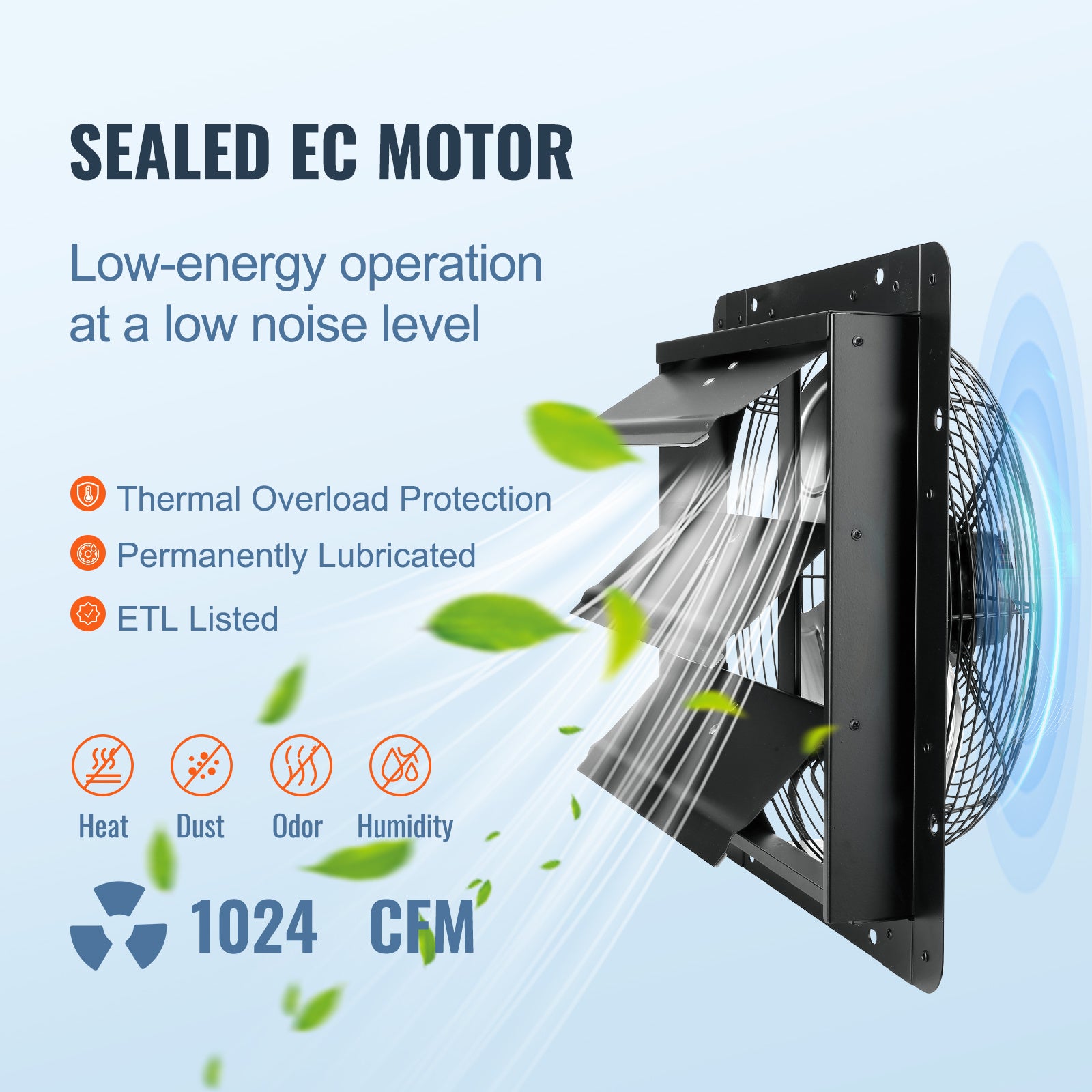 VEVOR Shutter Exhaust Fan, 12''/14''/16'' with Temperature and Humidity Controller, EC Motor, 940 CFM/1513 CFM/1747 CFM, 10-Speed Wall Mount Attic Fan for Greenhouse, Garage, Shed Ventilation and Cooling