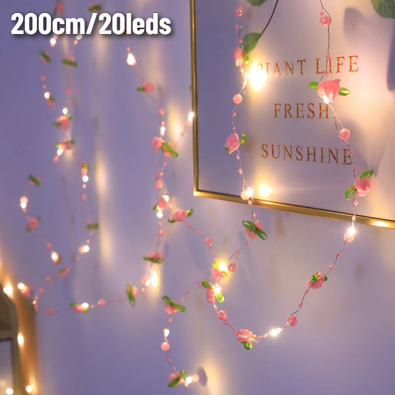 200cm/78.74英寸 LED 粉色珍珠造型灯串 | 粉色玫瑰设计搭配绿色叶子，非常适合情人节、办公室装饰、房间布置、派对、婚礼、礼物和毕业装饰 - 不含电池