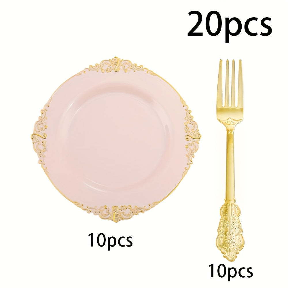 20/60Pcs Pink Vintage Small Plates & Forks Set, Embossed Pattern Edge, Vintage Style, Reusable – Perfect for Wedding Season Dinners, Birthday Balls, Tea Parties, Guest Reception, New Year & Christmas Celebrations