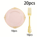20/60Pcs Pink Vintage Small Plates & Forks Set, Embossed Pattern Edge, Vintage Style, Reusable – Perfect for Wedding Season Dinners, Birthday Balls, Tea Parties, Guest Reception, New Year & Christmas Celebrations