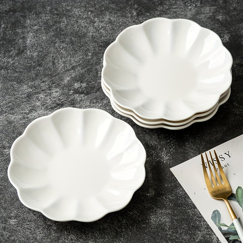 Set of 4, Ceramic Orchid-Shaped Design 6-Inch Plates in White / Pink / Off-White / Light Blue, Perfect for Soy Sauce, Vinegar, Hot Pot Dip, etc. – Exquisite Small Seasoning Dish, Heat-Resistant