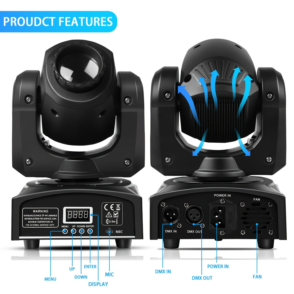 Professional moving head LED DJ light, RGBW control with sound-activated motion - pan/tilt shake effect, remote-compatible spotlight, suitable for weddings, parties, live performances, church events - RGBW color system