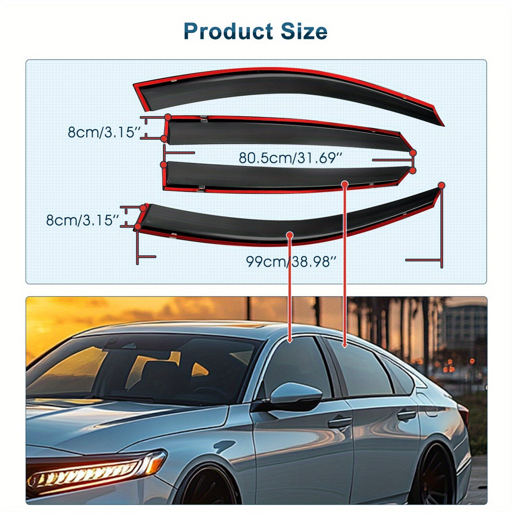 For 2023-2025 Honda Accord Sedan 4Pcs Premium Black Trim Windshield Vent Sun Shade Rain Guard Wind Deflector (with Clips) Smoked Color