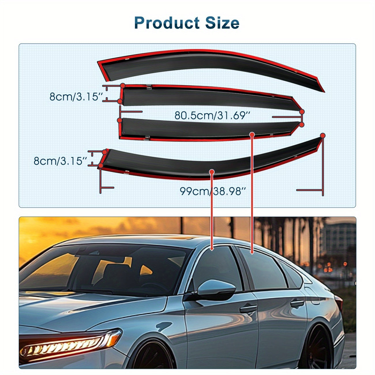 For 2023-2025 Honda Accord Sedan 4Pcs Premium Black Trim Windshield Vent Sun Shade Rain Guard Wind Deflector (with Clips) Smoked Color