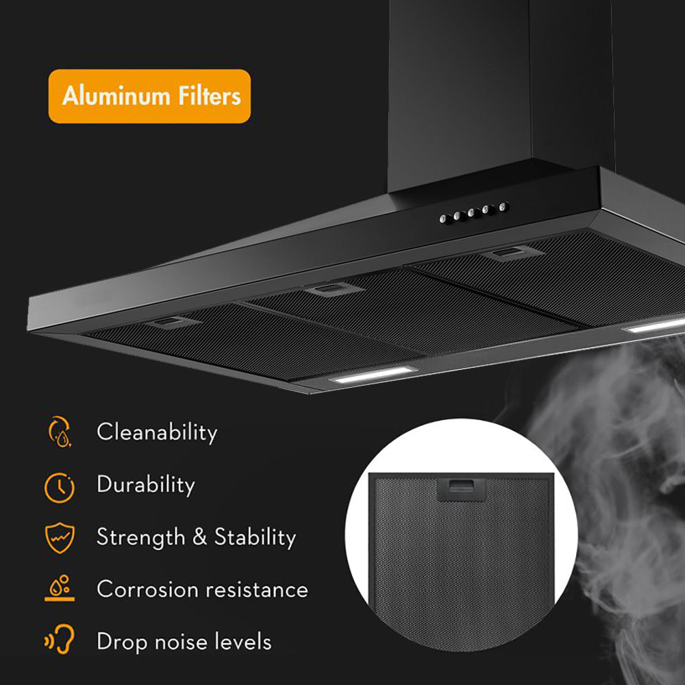 Wall-Mounted Chimney Style, Black Painted Ventilation Chimney, 3-Speed Exhaust Fan, LED Light, Push-Button Control, 450CFM Strong Suction, 3 Sizes [24", 30", 36"]