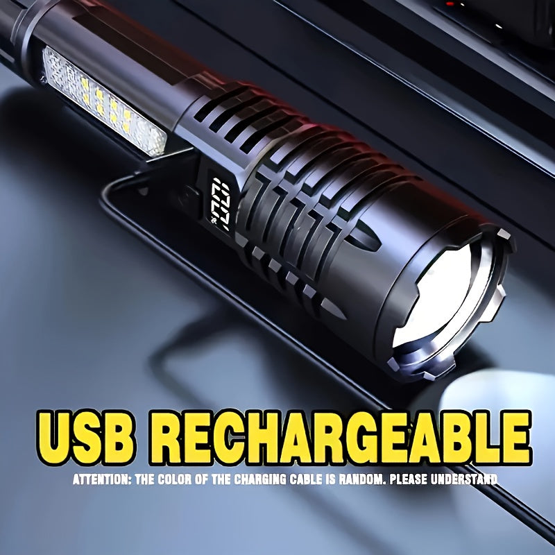 1Pc Super Bright XHP70 Powerful LED Flashlight, Power Bank Flashlight, USB Rechargeable Camping Tactical Flashlight with COB Light, Ideal for Camping and Emergency Use