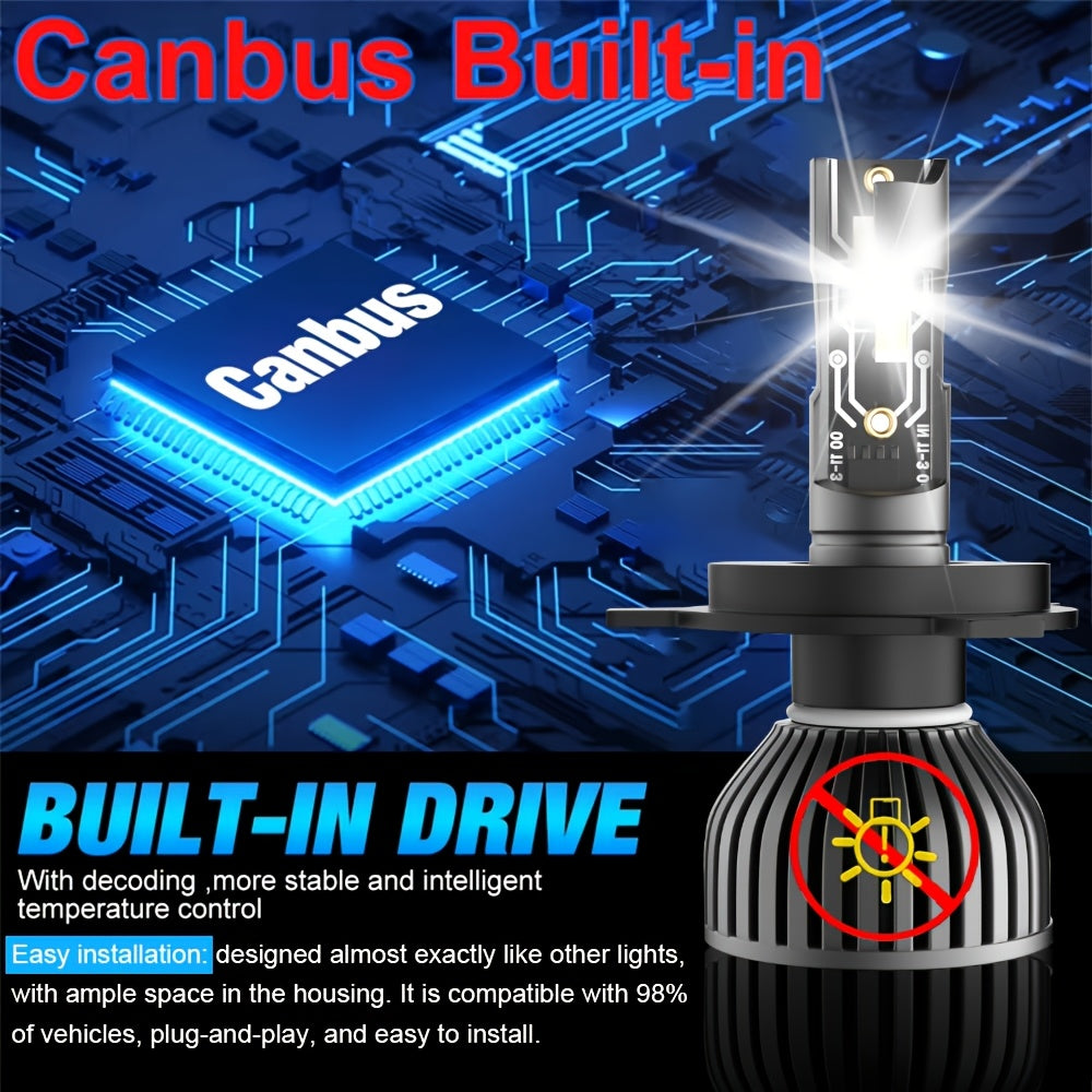 2 High Power Super Bright LED Bulbs H4/9003/HB2-C045 H7/H18/H1/H4/9003/HB2/H11/9005/H16/H9, 20000 Lumens, 6500K, 360° Beam Angle, Car Headlights, Plug-and-Play, 12V