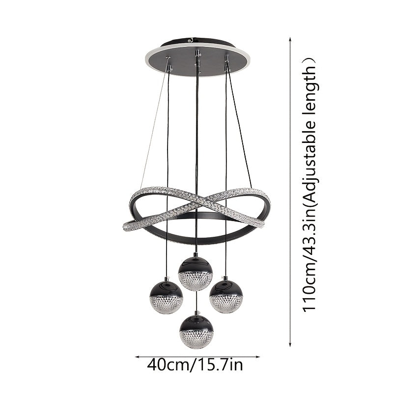 Stylish pendant light with four spherical lamp heads and a ring light, three color temperatures, height adjustable, suitable for dining room, bedroom, villa, living room, study