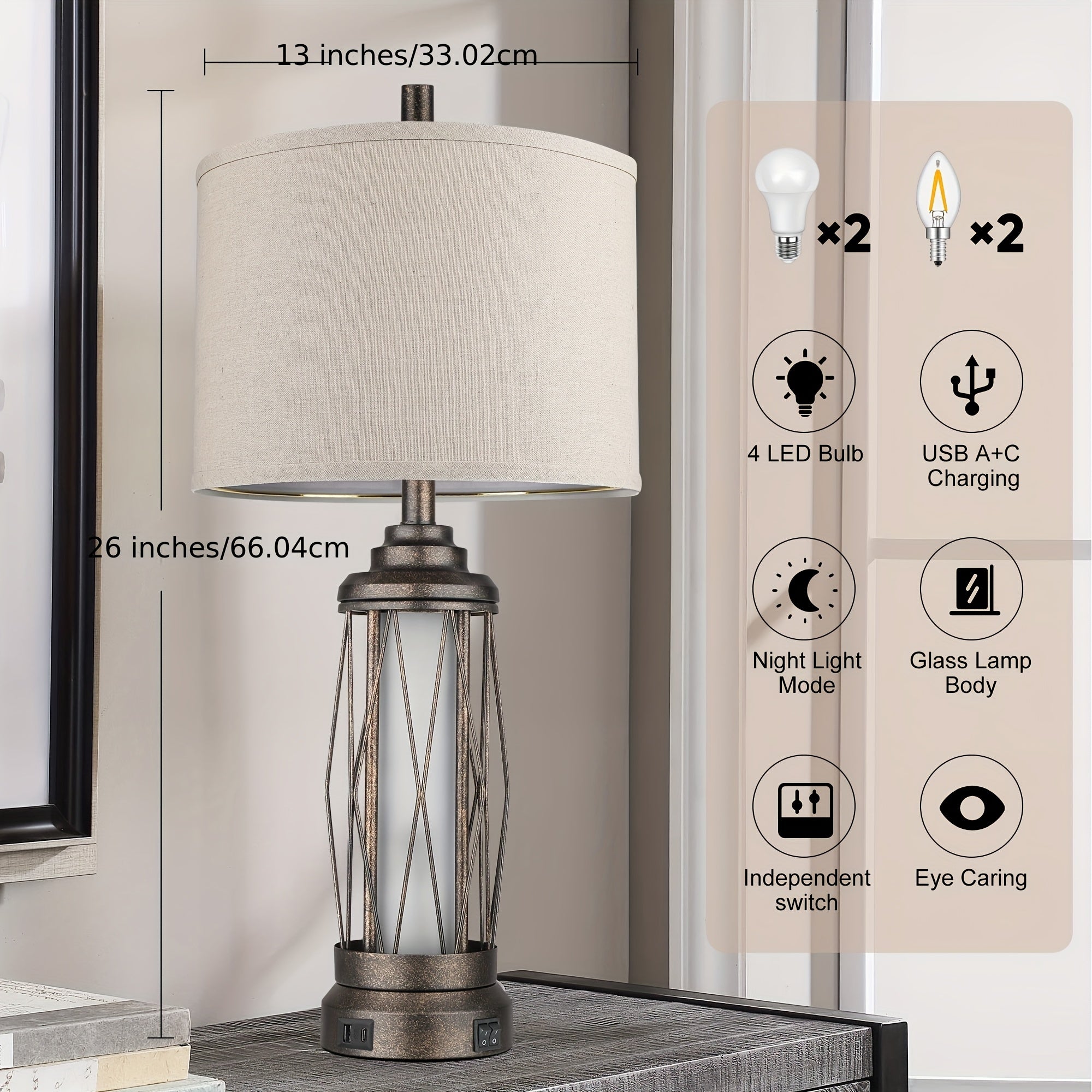 Farmhouse table lamp for living room, bedroom rustic nightstand lamp with USB C+A charging port, built-in frosted glass night light for entryway coffee table, includes 4 bulbs, bronze, suitable for Christmas and Halloween