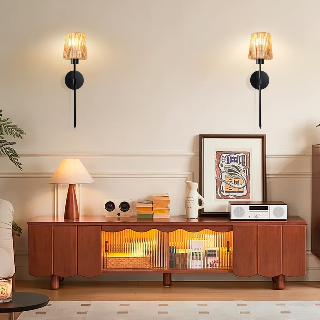 Pair of Battery Operated Wall Lights with Remote Control, Rechargeable Rattan Design, Includes Bulbs and Charging Cable, Wireless Woven Bamboo Lantern, Perfect for Bohemian Style Lighting in Bedroom, Living Room and Hallway