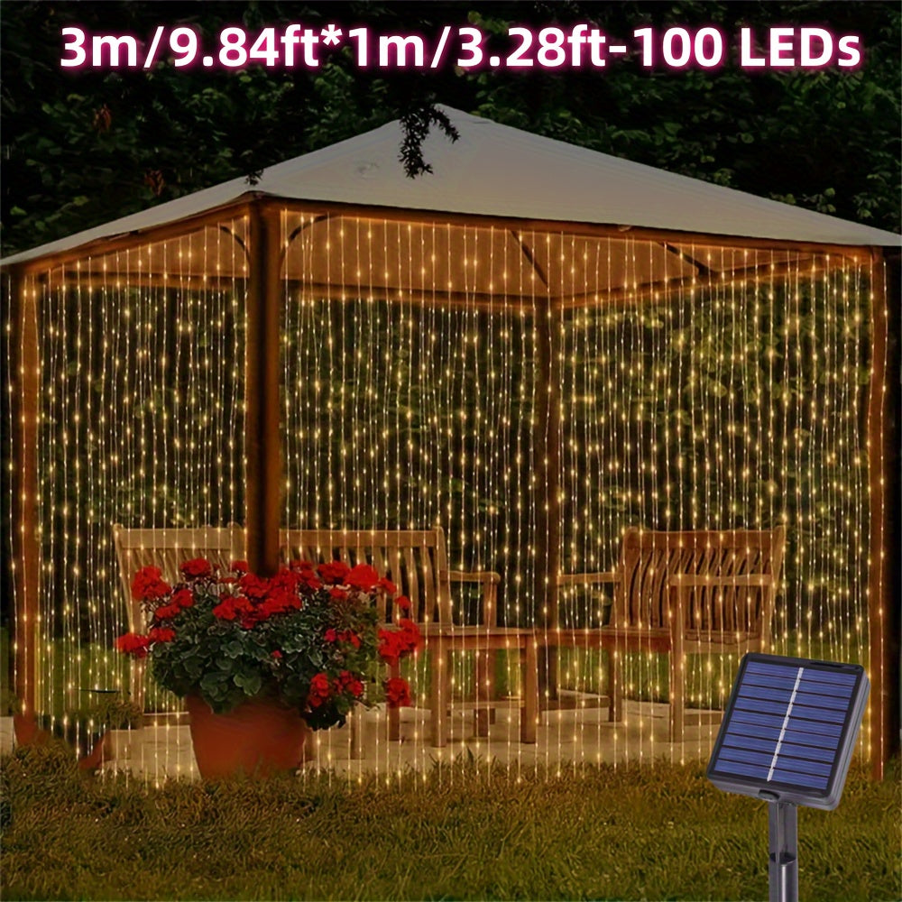 1件，100/200/300 LED太阳能户外窗帘串灯，8种照明模式铜线童话灯，圣诞装饰灯，非常适合婚礼派对，阳台，露台，花园装饰（多色/暖白色/白色）