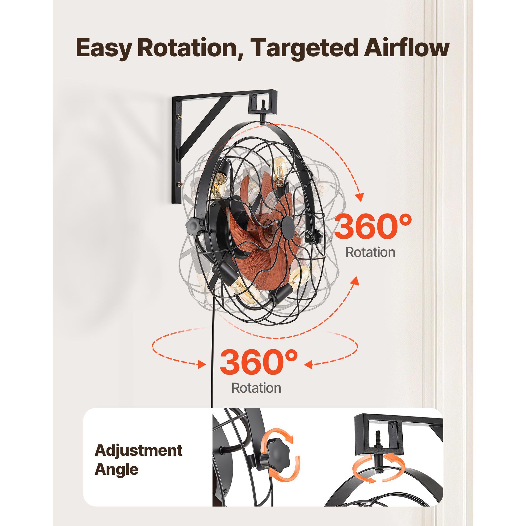 VEVOR Wall Mounted Fan with Lights, 21 Inch Wall Fan with Remote, 6-Speed Plug-in Wall Fan with Timer, 360° Adjustable Tilt, for Bedroom, Garage, Workshop (4 E26 Bulb Sockets Compatible, Bulbs Not Included)