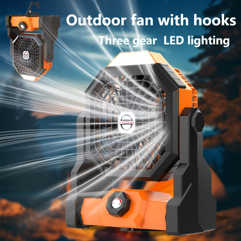 USB Rechargeable Outdoor Camping Fan, Large Capacity Battery, 5-25 Hours Ultra Long Endurance, Stepless Speed Regulation, 3 Levels LED Lighting, 270° Adjustable Angle, Desktop & Tent Hanging Dual Use, Portable High Power Charging Fan Ideal for Summer