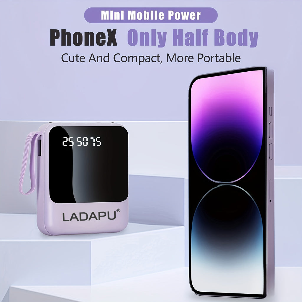 LADAPU 10000mAh Mini Cute 5W Slow Charging/15W Fast Charging/22.5W Super Fast Charging Power Bank, Large Capacity Rechargeable Portable Mobile Phone Charger, Built-in 4-in-1 Detachable Cable, Ultra-bright LED Light, Outdoor Travel Battery Packs