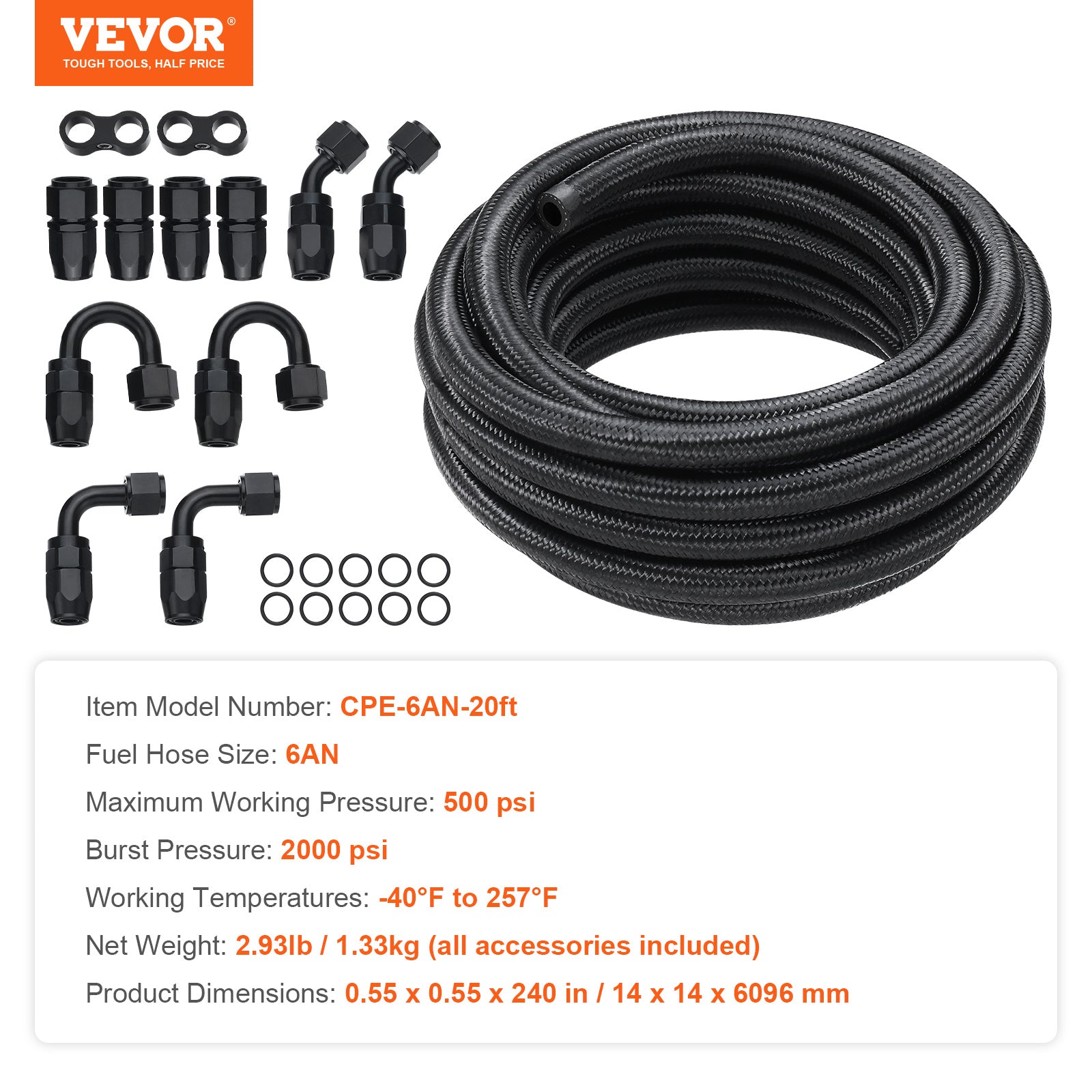VEVOR 6AN/8AN Fuel Line Kit, 20 FT Fuel Hose Kit, 0.34"/0.43" Nylon Stainless Steel Braided Fuel/Gas/Diesel Hose End Fitting Kit, with 12 PCS Swivel Fitting Adapter Set, Black