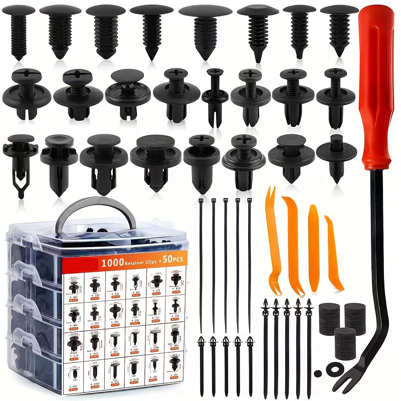 1050-Piece Automotive Plastic Retainer Clips Assortment Kit - Car Body Clips, Bumper Push-Pin Screw Clips, Interior Panel Clips, Includes 15 Cable Ties and 2 Removal Tools, Compatible with Toyota, Jeep, Subaru, GM and More