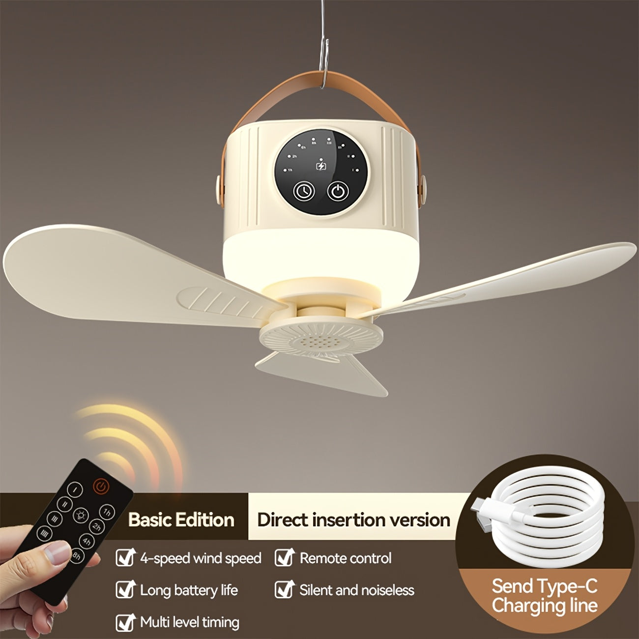 USB Dormitory Ceiling Fan, 3-Level Ambient Light, 4-Speed Timer & 4 Wind Speed Adjustment, Remote Control, Strong Wind & Quiet Operation, Suitable for Camping, Home, Bedroom, Office, Dormitory, Workshop and More