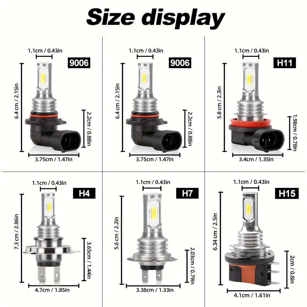 2-Pack High Power 9005 HB3 9006 HB4 LED Car Fog Light and Headlight Set, Mini Size 1:1 H11 H4 H7 H15 Headlights, Super Bright 6000K Car Light, Easy-to-Install Anti-Fog DRL Bulbs, No Battery Included