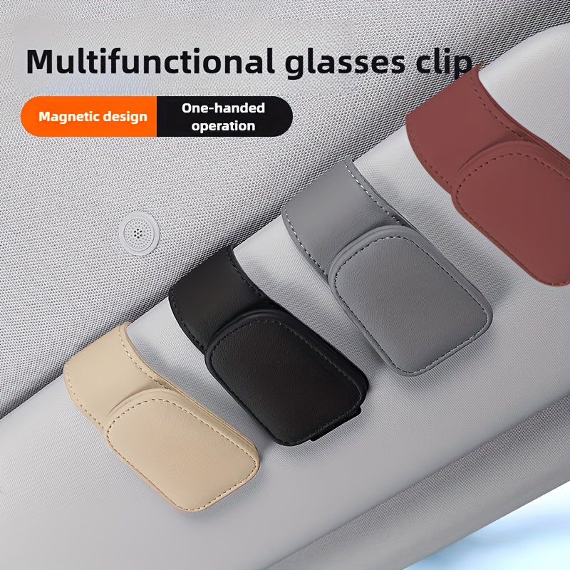 2-Piece Magnetic PU Leather Car Sun Visor Glasses Holder with Card Slot – One-Hand Operation Design, Driver Side Interior Accessory, Gray & Black, Simple Snap Closure, One-Click Grip