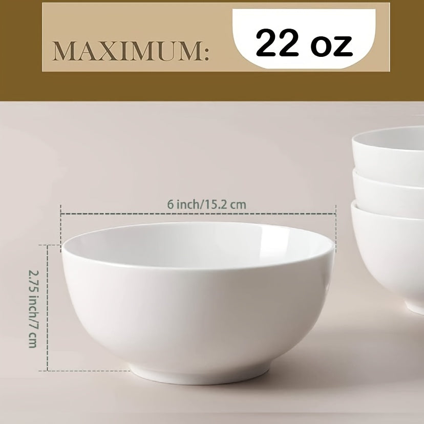 4-Piece Ceramic Salad Bowl Set, 6-Inch White Ceramic Bowls, 22 oz – Perfect for Kitchen Soup Bowls, Cereal Bowls, Ramen Bowls, Oatmeal Bowls, Fruit Bowls, Rice Bowls – Dishwasher & Microwave Safe