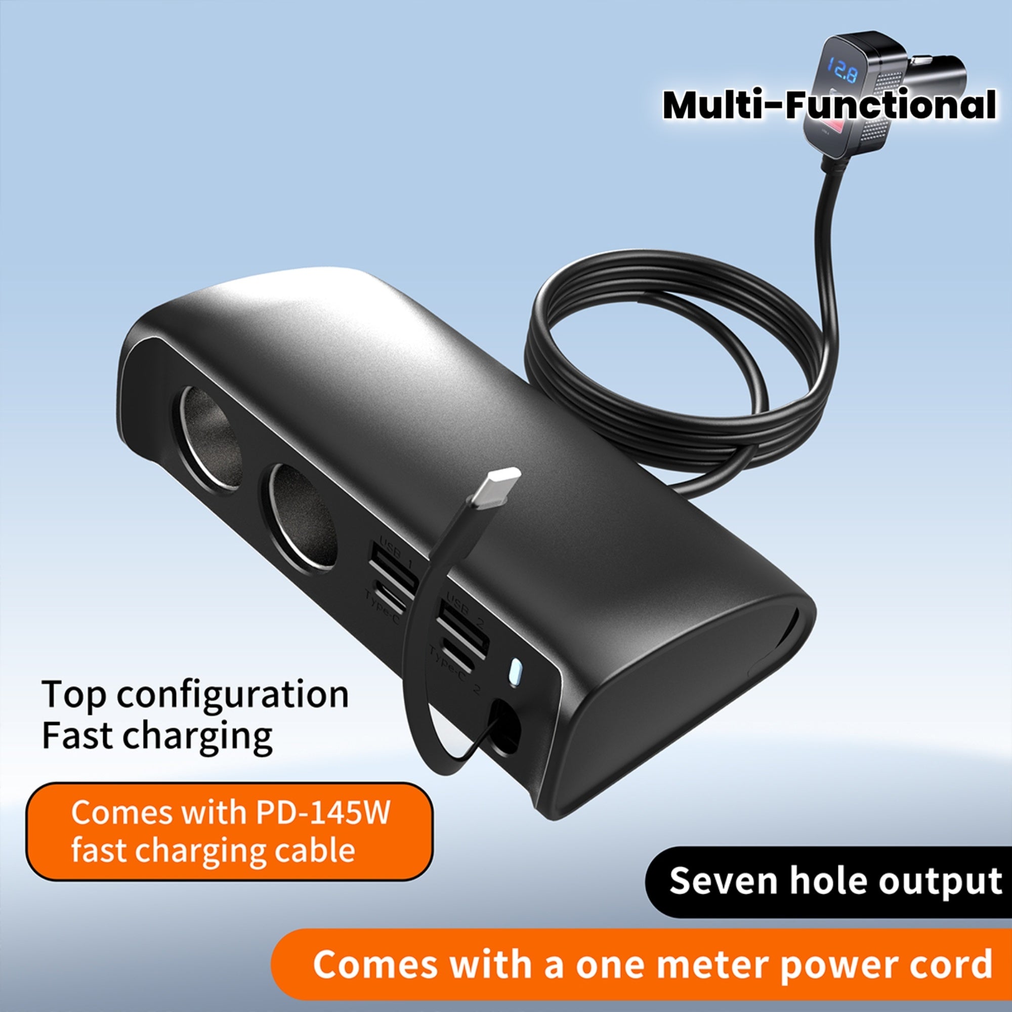 Car charger plug Equipped with Dual USB QC3.0 and Dual Type-C PD Fast Car Charger, Retractable PD 148W+ QC 3.0 Super Fast Charger, 5-in-1 Multi-function Car Charger, Stylish Glossy Finish