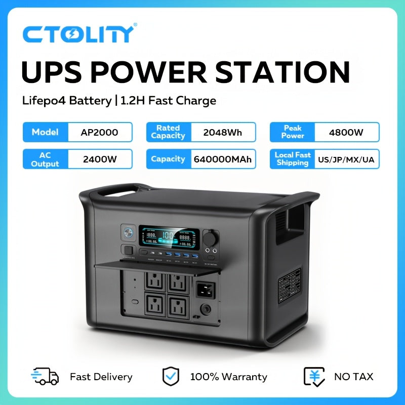 Ctolity 110W 太陽能板 (單體販售), 2400W/ 1800W/ 500W (峰值 4800W/ 3600W/1000W) 可攜式電源站, 2048Wh/ 1024Wh/ 345Wh LifePO4 電池, 400W/ 200W/ 100W 太陽能板可用於直接充電手機、筆記型電腦, UPS 功能