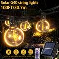 FIBRAVE太阳能G40串灯带遥控 - 100/60/40/30/20英尺防碎LED灯泡，可调光户外/悬挂灯，高品质太阳能面板灯，适用于花园、露台、阳台、派对（全天候，太阳能供电）