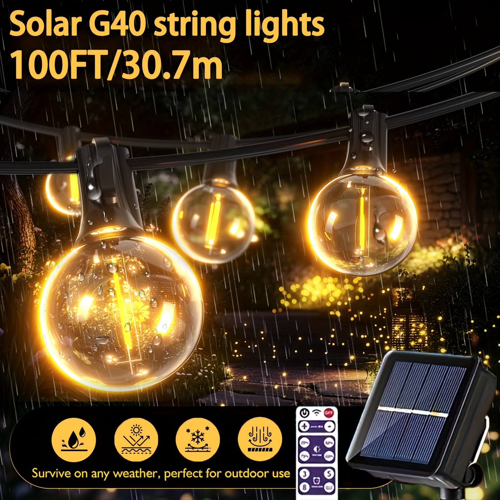 FIBRAVE太阳能G40串灯带遥控 - 100/60/40/30/20英尺防碎LED灯泡，可调光户外/悬挂灯，高品质太阳能面板灯，适用于花园、露台、阳台、派对（全天候，太阳能供电）