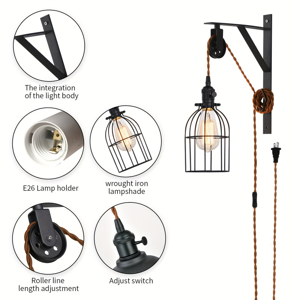 1/2-Piece Farmhouse Style Plug-In Pulley Pendant Light, with Brown Cord and Switch Wall Light
