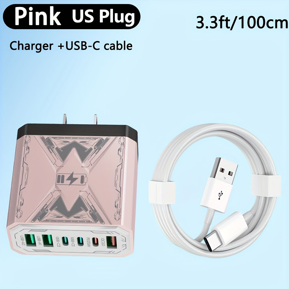 6-in-1 Fast Charger 3USB + 3Type-C Power Adapter with Indicator Light, QC3.0 Power Adapter Cube USB Wall Charger, for iPhone 17/ 16/ 15/ 13/ 13pro/ 12/ 12pro/ XR/ SE, Pro/ Mini/ Air---Perfect Christmas, Holiday, New Year Gift,  Travel Charger