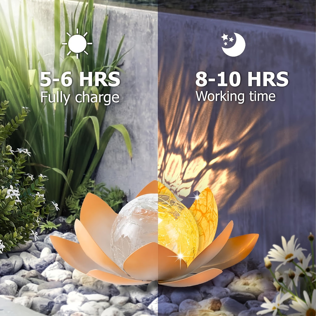 2 Pack Outdoor Solar Pink Lotus Light, Wrought Iron Garden Decoration, LED Light with Cracked Glass Ball, IPX4 Waterproof Rating, Perfect for Patio, Lawn, Terrace, Tabletop, Gift for Mom