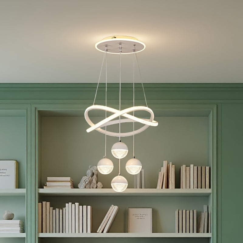 Stylish pendant light with four spherical lamp heads and a ring light, three color temperatures, height adjustable, suitable for dining room, bedroom, villa, living room, study