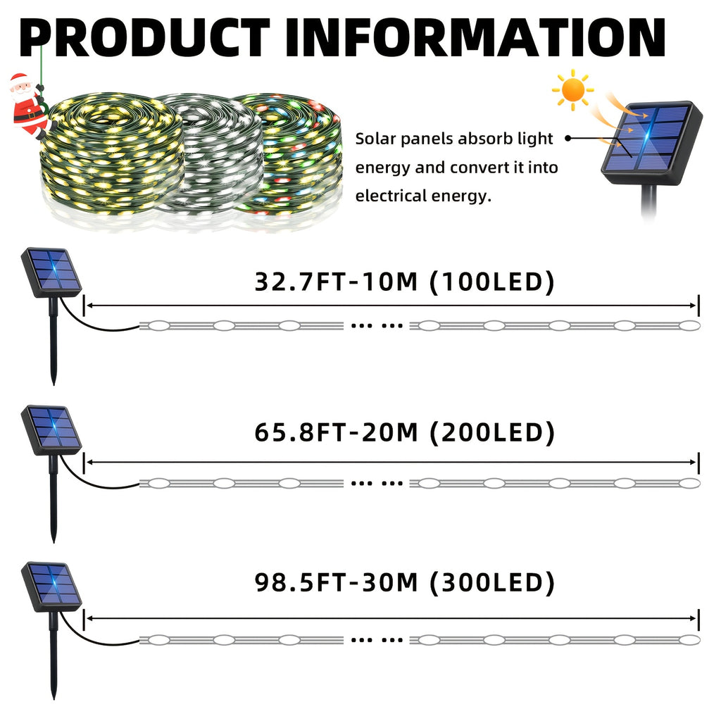 300/200/100LED圣诞仙女串灯 30/20/10M 太阳能供电室外灯带，具有8种灯光模式，自动开/关，适用于花园、庭院、栅栏、生日派对、圣诞节装饰（IPX4）