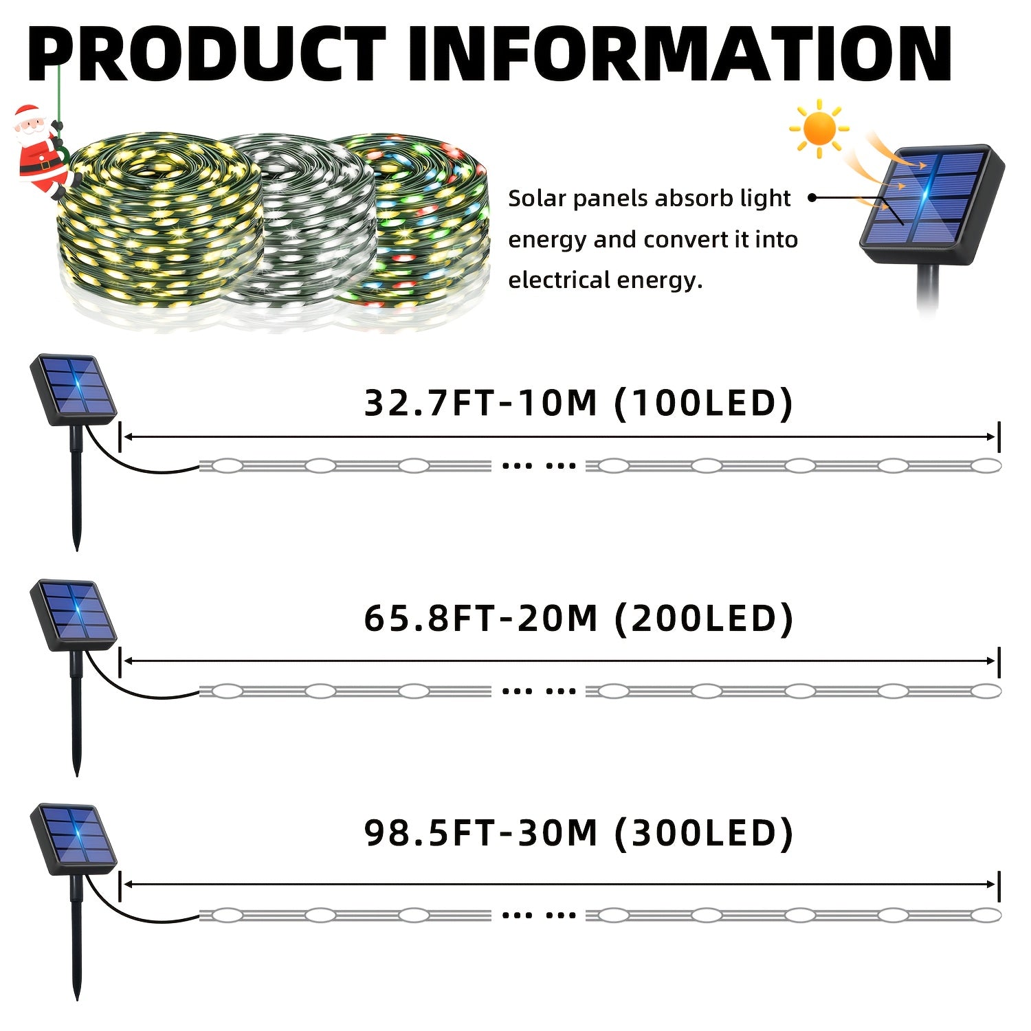 300/200/100LED圣诞仙女串灯 30/20/10M 太阳能供电室外灯带，具有8种灯光模式，自动开/关，适用于花园、庭院、栅栏、生日派对、圣诞节装饰（IPX4）