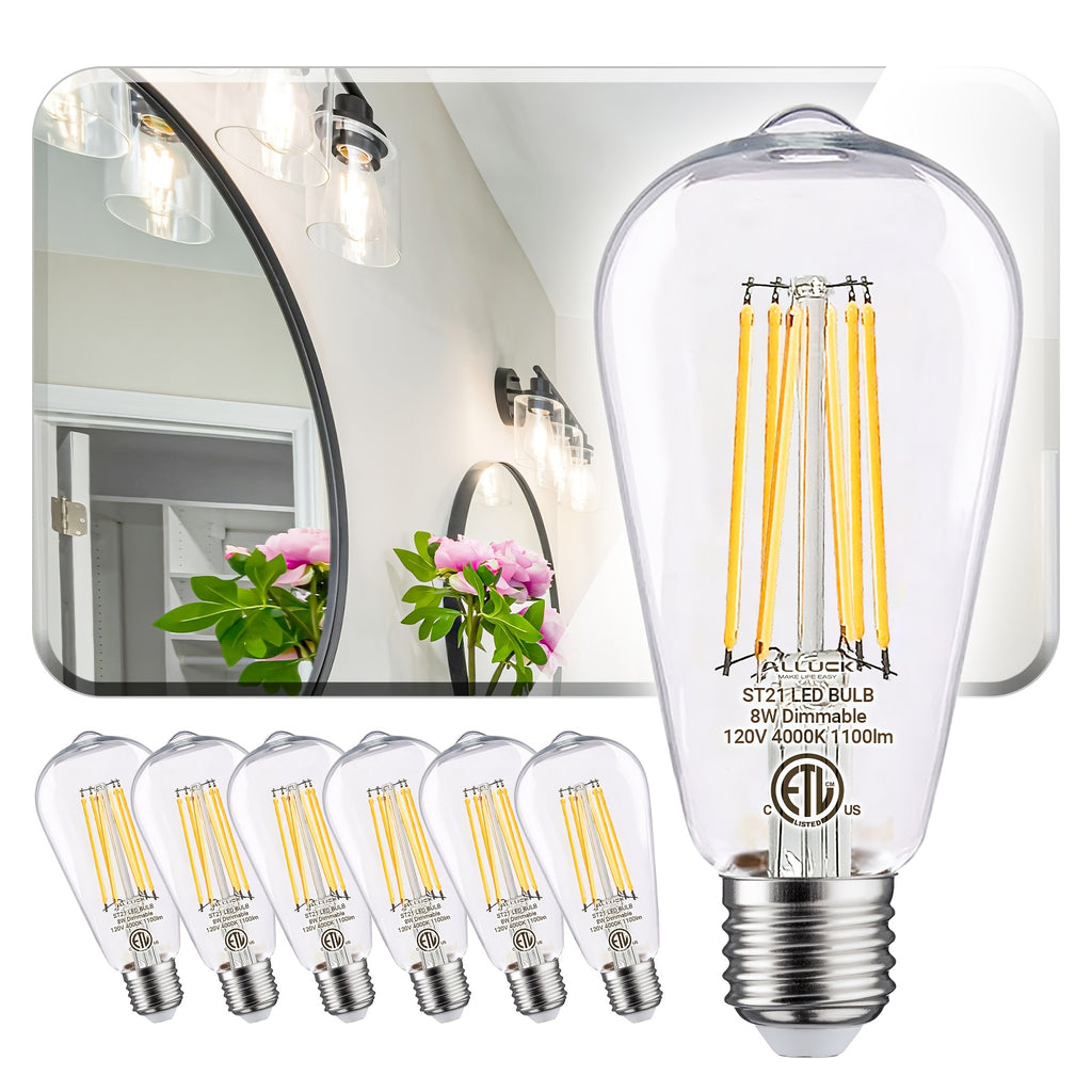ALLU LED Edison bulb 8W, 1100 lumens dimmable LED bulb, 5000K cool white & 2700K warm white, 4000K daylight white, ST21/ST64 LED filament bulb, CRI 85+, E26 medium screw base, flicker-free, 6-pack, ETL certified