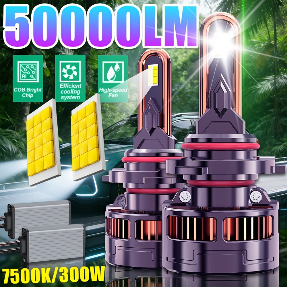 2-Pack LED Car Lights, Compatible with H11/H7/H4/H1, 9005/9006/9012 - 50000LM, 300W High/Low Beam, 7500K Cool White Light, Equipped with 12000 RPM Turbo Cooling Fan, Fits Various Vehicle Models, No Battery Needed