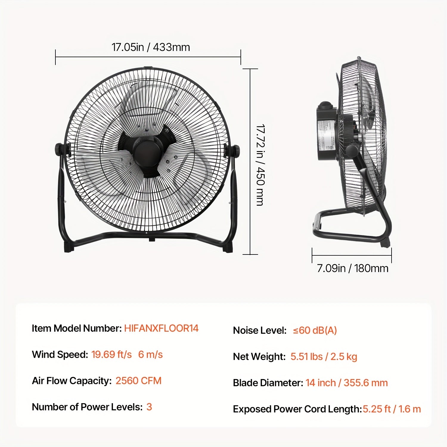 Industrial Floor Fan, Regular Grill, 14/18/20inch, 1/2 Pack, US Plug, 110V
