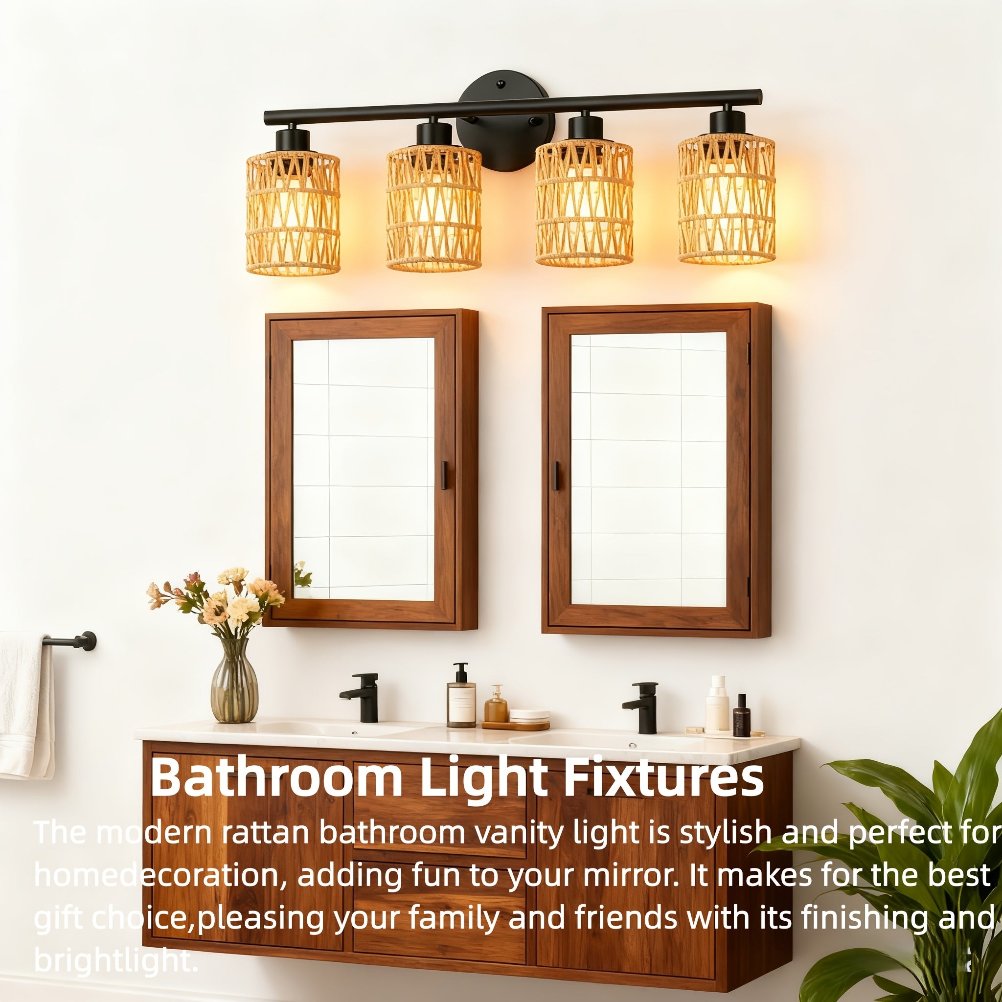 Holiday Theme 4-Light Bathroom Vanity Light, Modern Rattan Light Fixture, Suitable for Above Mirror, Bohemian Style Wall Light with Woven Shade, Black Wall Light, Perfect for Farmhouse Living Room and Bedroom (Bulb Not Included)