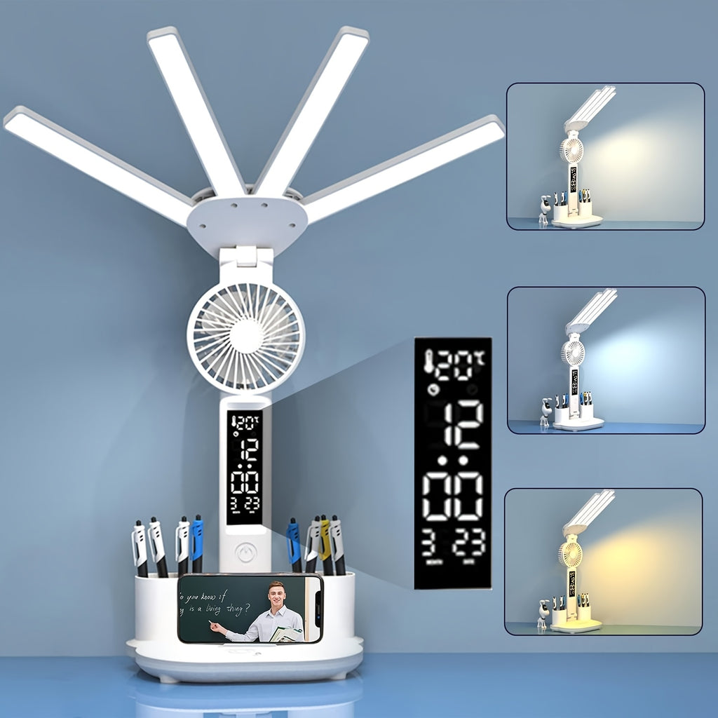 Folding Desk Lamp with Fan & Clock, USB Rechargeable