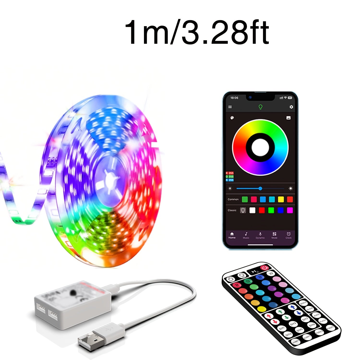 NBBUFF 3.28-100英尺智能电子LED灯带，USB供电RGB灯带，房间装饰照明，支持APP和遥控，定时功能，音乐同步，1600万种颜色，64+种场景模式，适用于卧室、电视、电脑背光、万圣节、圣诞节、派对及婚礼装饰