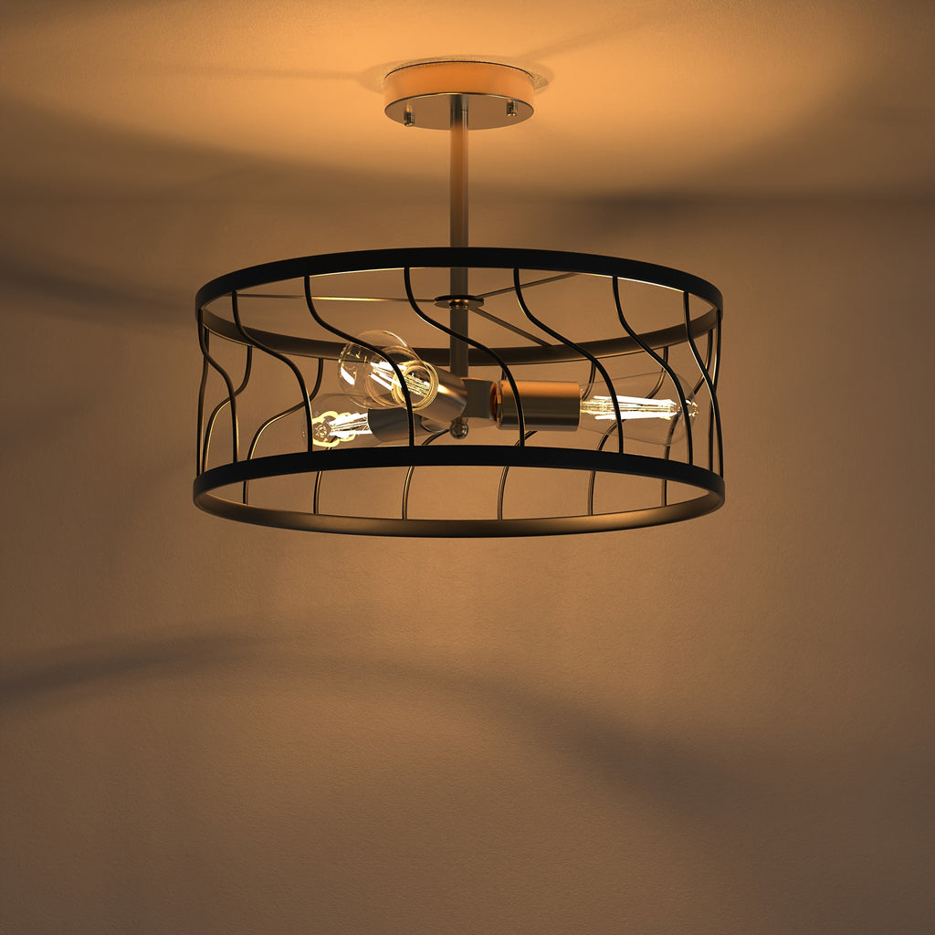 Modern 3-Light Black and Gold Semi-Flush Mount Ceiling Fixture with Drum Cage Design - Elegant Metal Lighting for Kitchen, Hallway, Bedroom or Living Room, E26 Base (Bulb Not Included), Living Room Decor | Modern Ceiling Light | Durable Metal