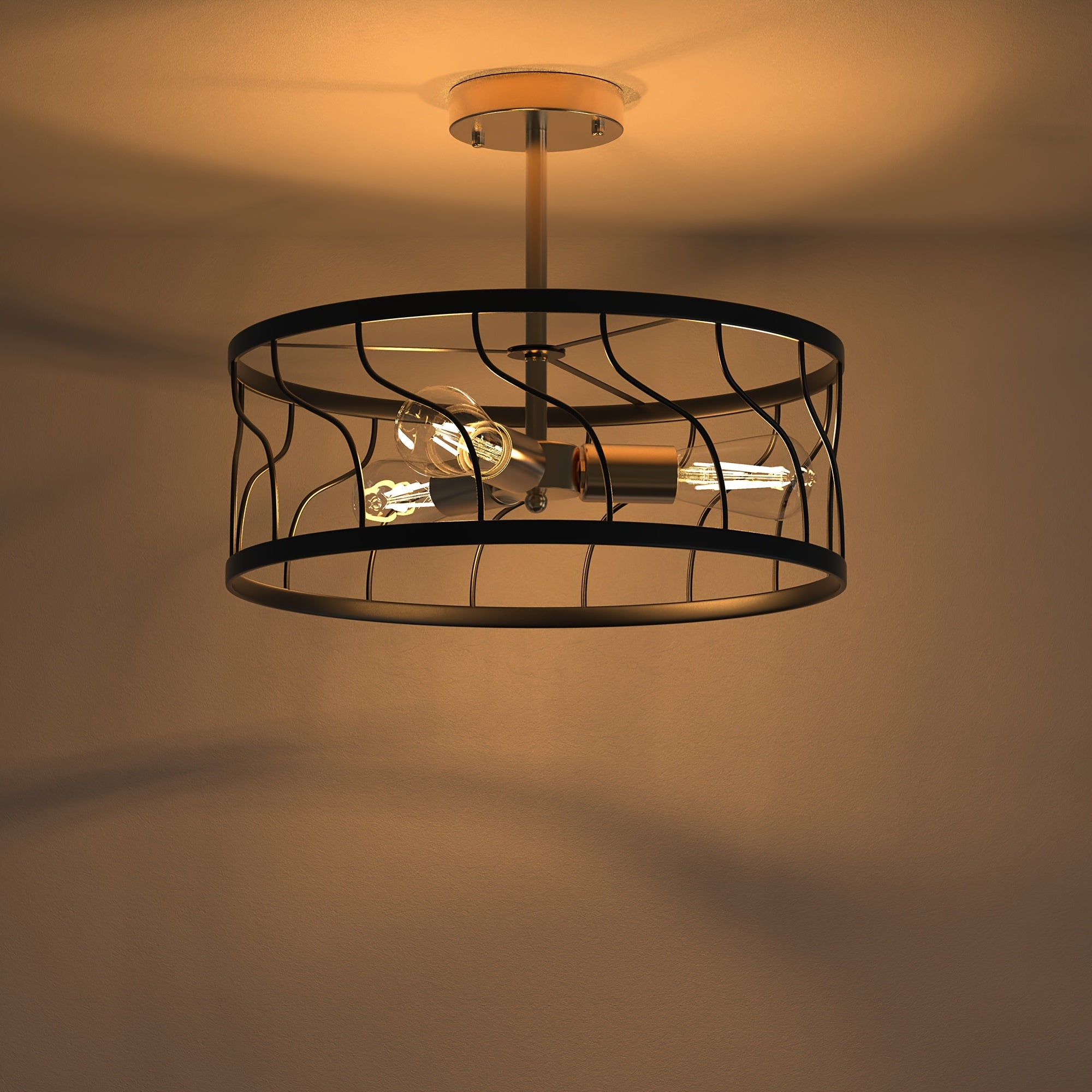 Modern 3-Light Black and Gold Semi-Flush Mount Ceiling Fixture with Drum Cage Design - Elegant Metal Lighting for Kitchen, Hallway, Bedroom or Living Room, E26 Base (Bulb Not Included), Living Room Decor | Modern Ceiling Light | Durable Metal