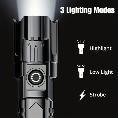 1Pc LED Super Bright Flashlight, High Lumen Tactical Flashlight, 3 Adjustable Modes with Zoom Function, Portable Camping Torch, Built-in Lithium Battery, IP44 Protection Rating, Ideal for Outdoor Hiking and Home Emergency