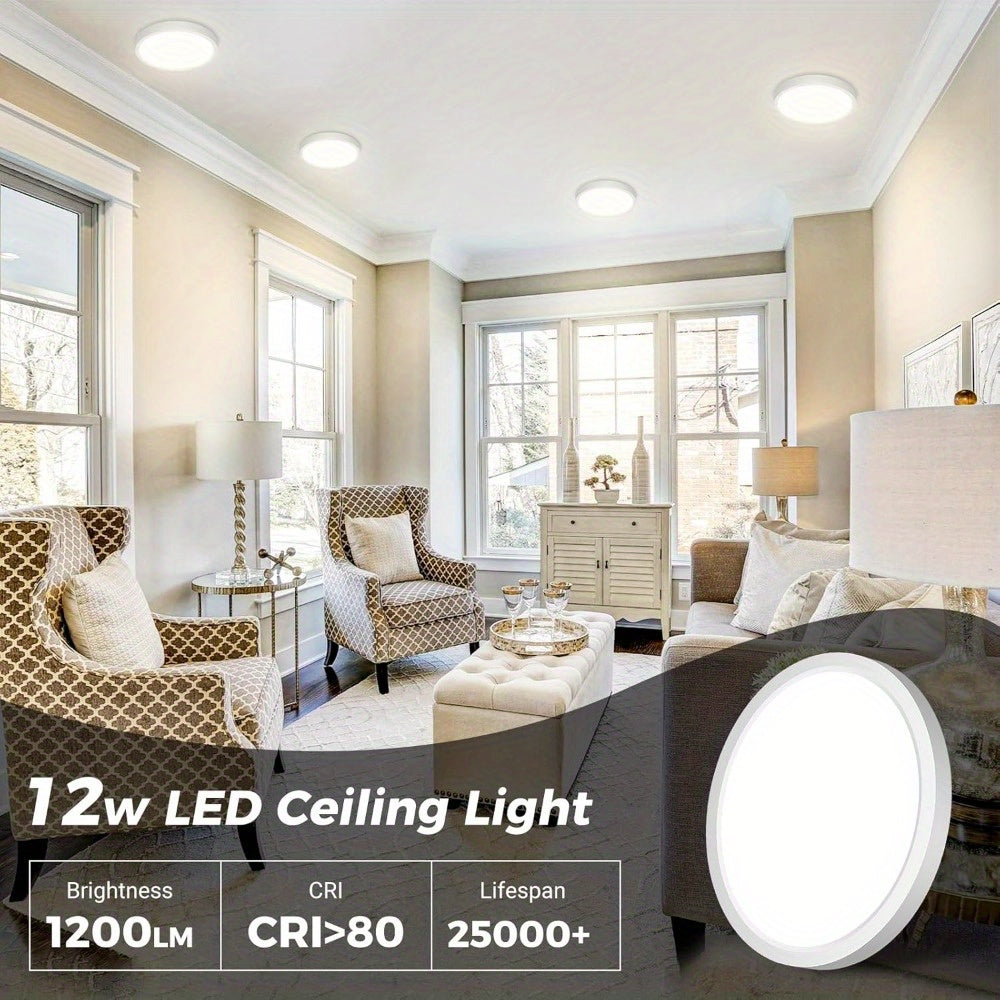 8-pack, 6.5-inch white LED ceiling light set, available in three color options: 3000K, 4000K and 6500K. This 12W, 1200LM flat round ceiling light is very suitable for kitchen, bedroom, hallway and porch.