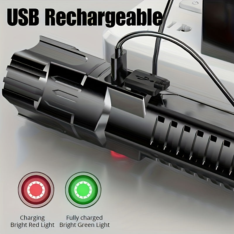 1Pc Super Bright USB Rechargeable Flashlight, Adjustable Zoom and Wide Angle Beam, Handheld Dimmable Light, 150 Lumen 7874.02 Inch Lighting Range, Essential for Emergency Preparedness and Camping Gear
