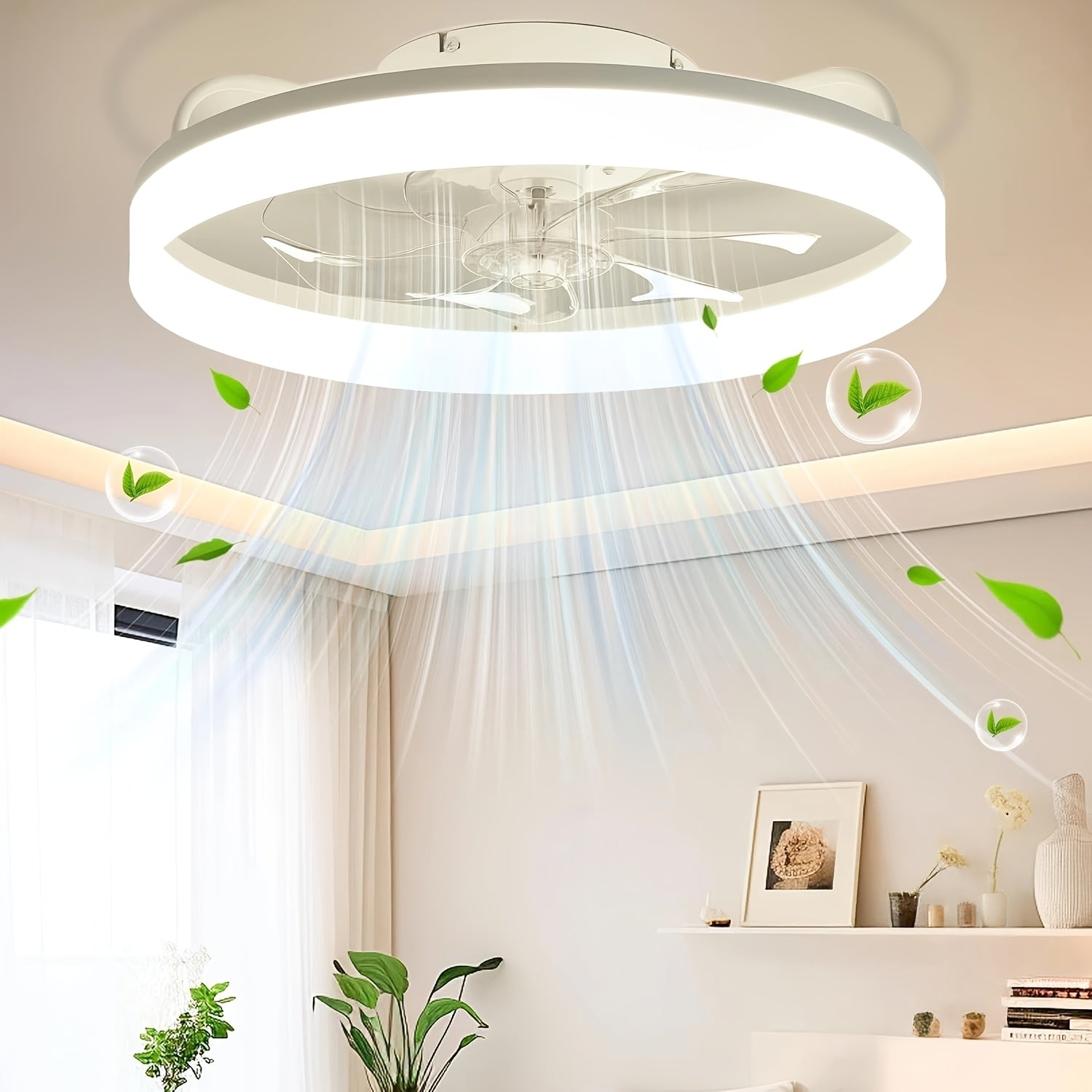 A modern metal ceiling fan, size from 15.75 inches to 19.7 inches, with light. Very suitable for bedrooms, studies and living rooms. It has six wind speeds, adjustable brightness, and is versatile and easy to install.
